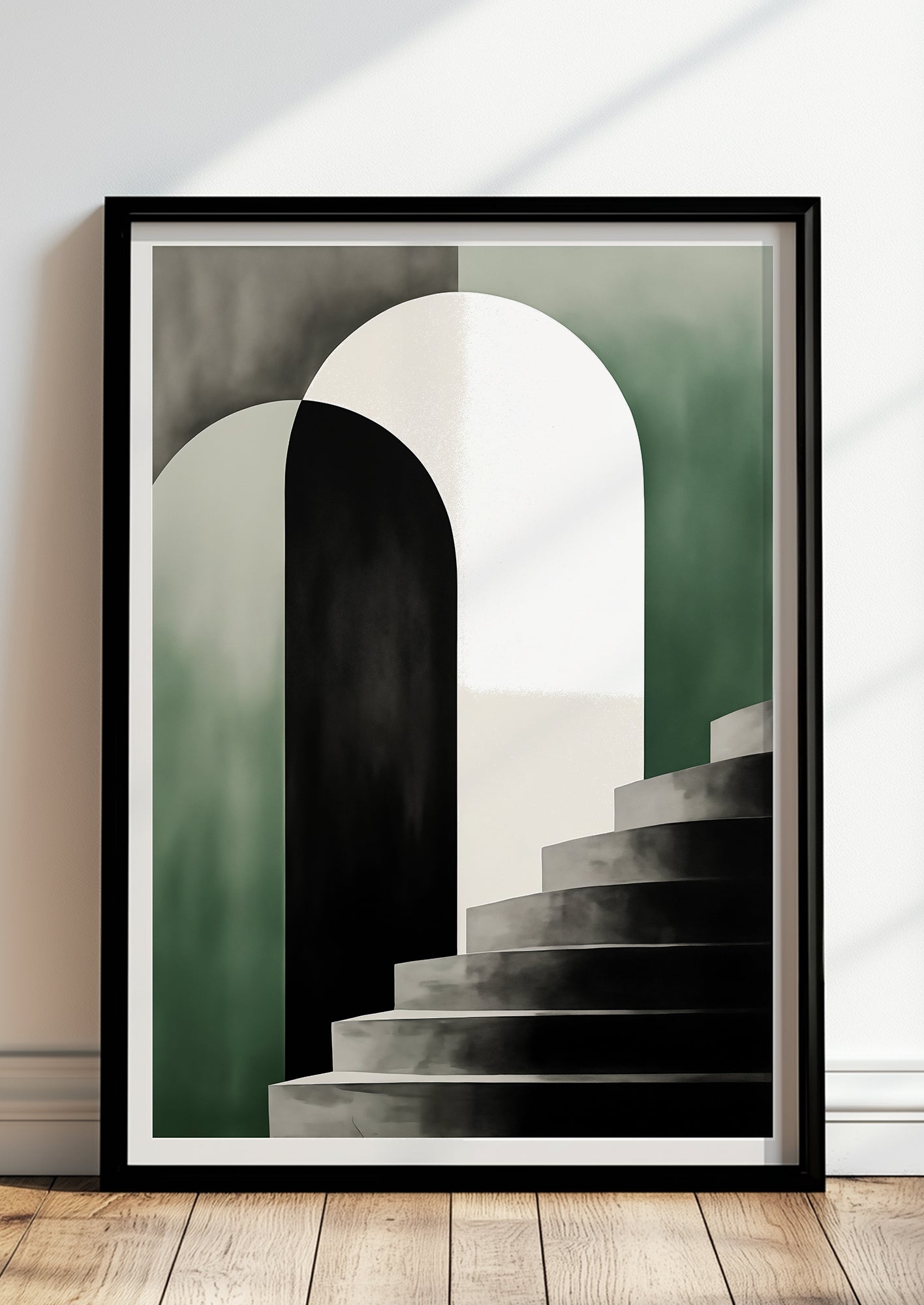 Gerahmtes Poster „BAUHAUS - Stairway - Olive White“ in modernem Raum.