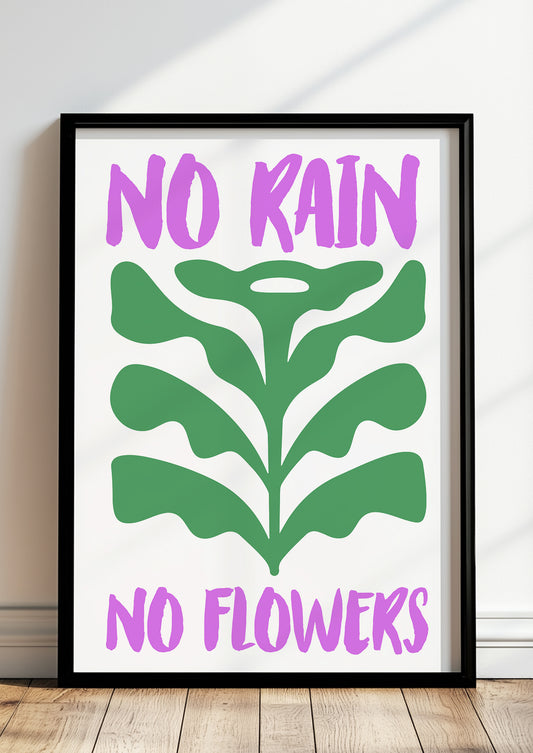 Gerahmtes Poster „No Rain No Flowers“ in schwarzem Rahmen, inszeniert in moderner Wohnumgebung.