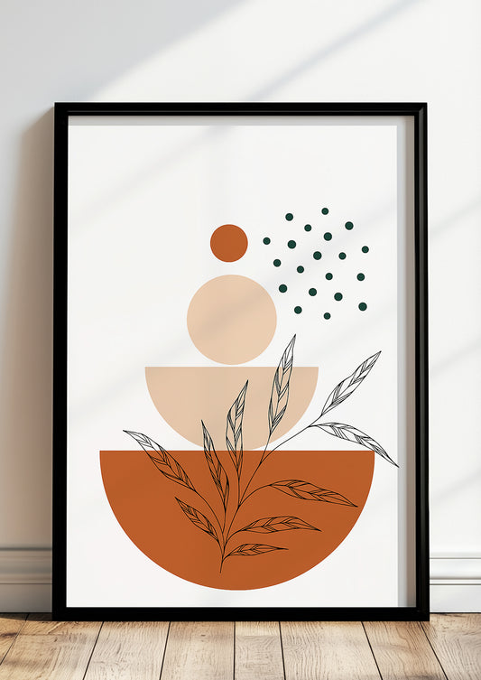 Gerahmtes Boho Poster mit abstrakten Kreisen, Punkten & Linienblättern – stilvolle Natur Wanddeko