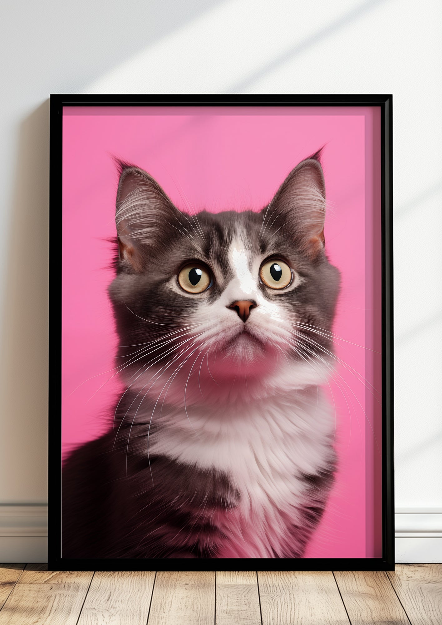 Gerahmtes Poster „Cat 2 On Pink Background“.