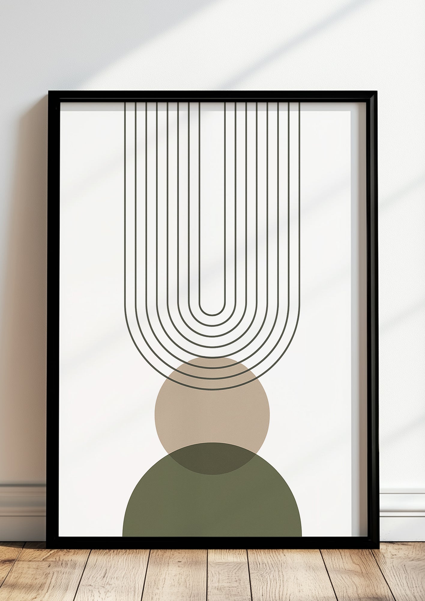 Gerahmtes Boho Poster mit Linienbogen & Kreisen in Naturfarben – stilvolle Wanddeko fürs Wohnzimmer