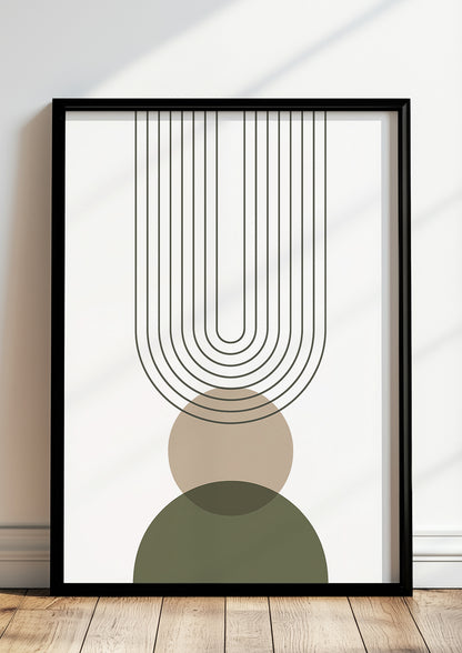 Gerahmtes Boho Poster mit Linienbogen & Kreisen in Naturfarben – stilvolle Wanddeko fürs Wohnzimmer
