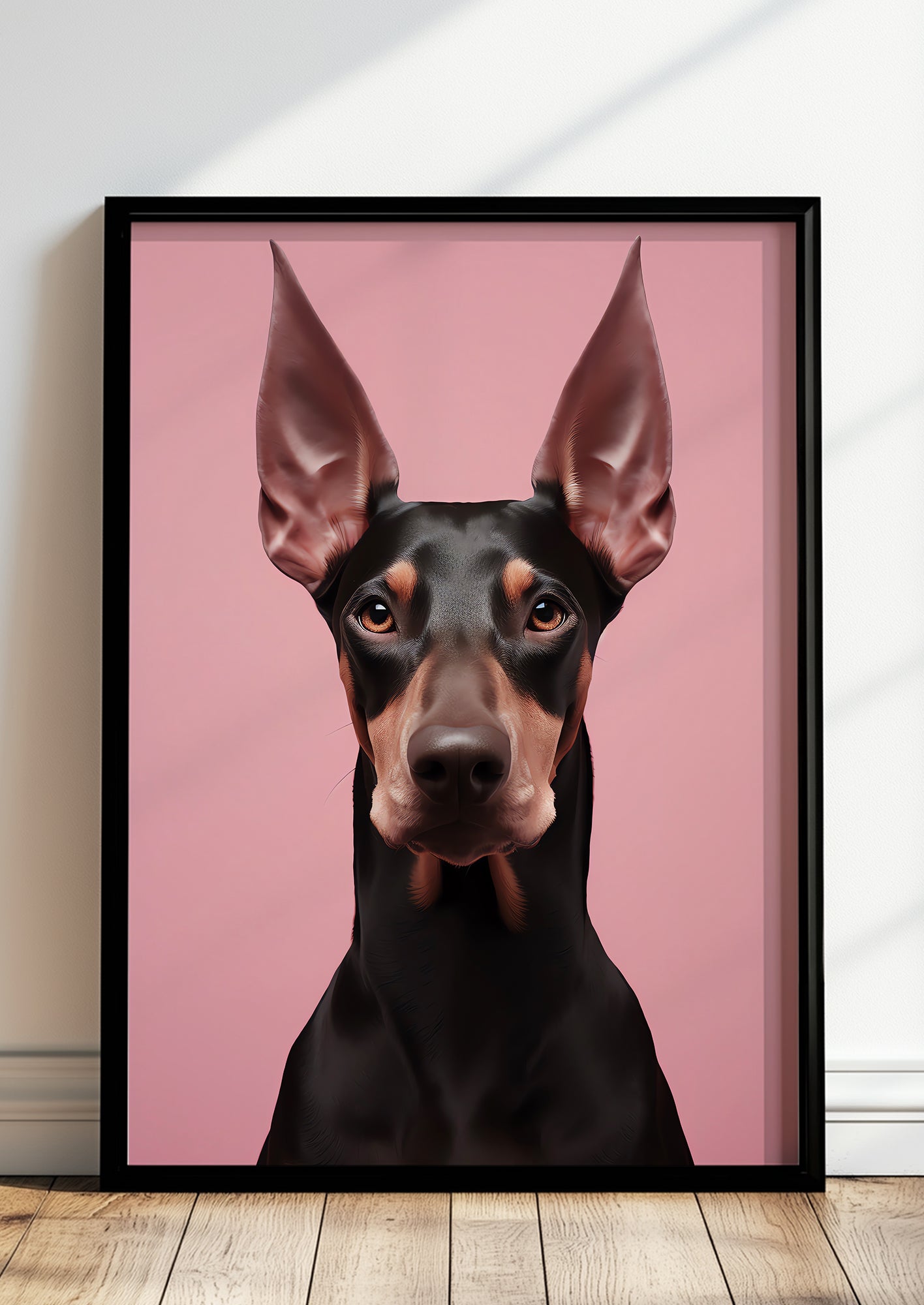 eine detailaufnahme zeigt die aufmerksam gespitzten ohren und die feinen gesichtszüge dieses dobermann porträts
