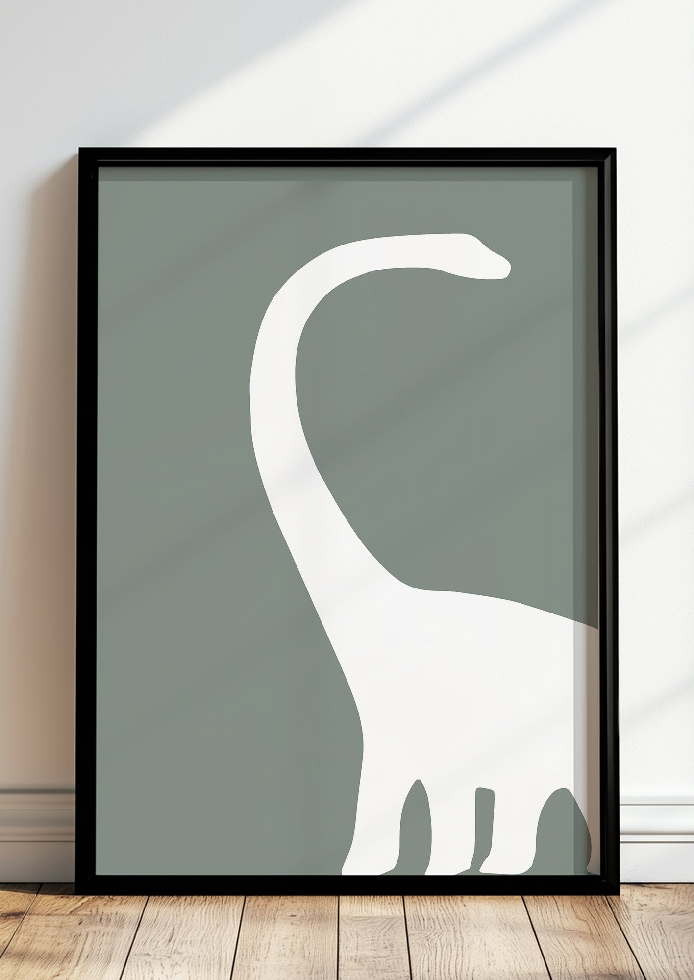 eine nahaufnahme der kopfpartie und des langen halses des dinosauriers zeigt die reduzierte formensprache dieses minimalistischen posters