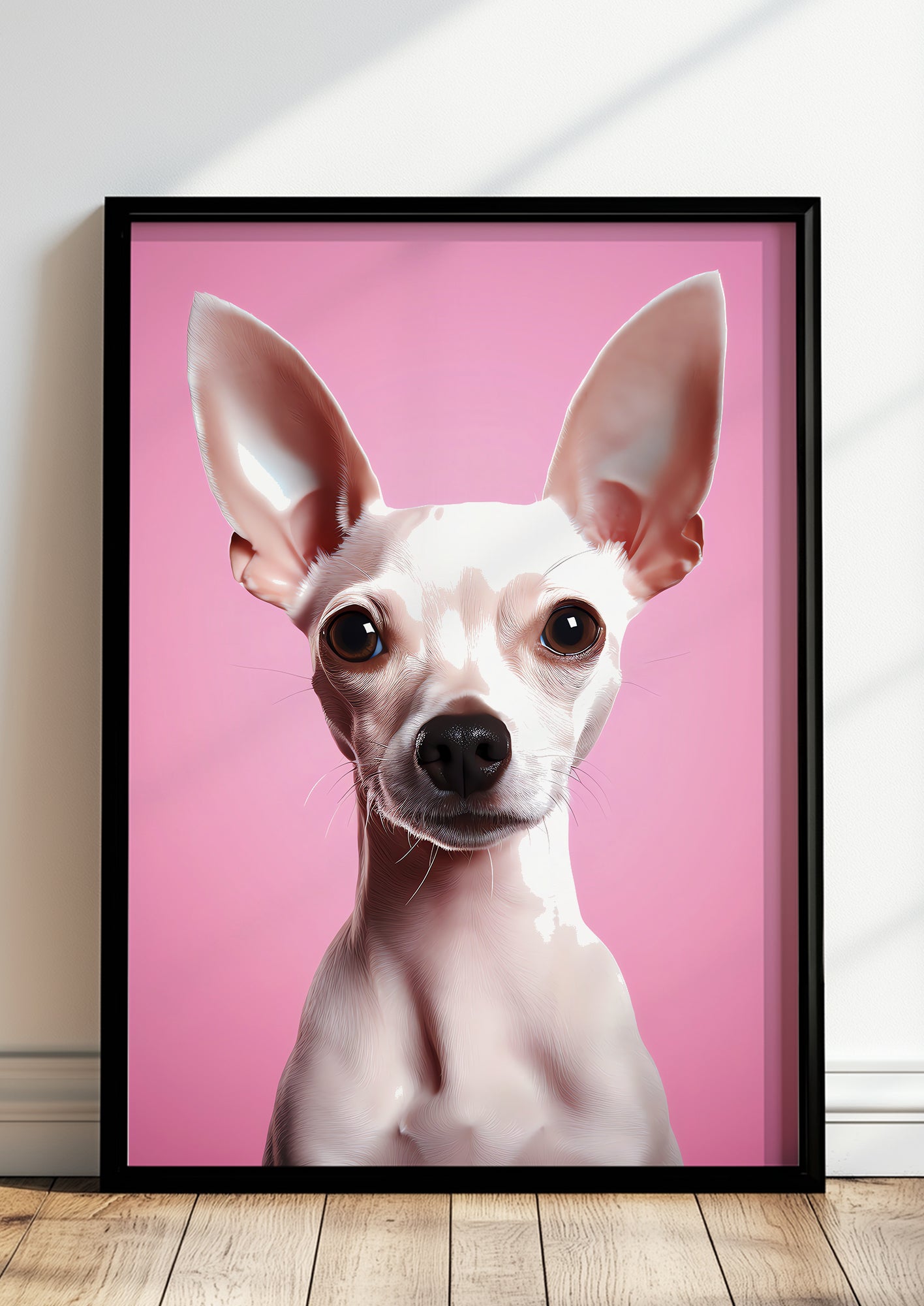 Kunstposter „Chihuahua On Pink Background“ gerahmt in moderner Umgebung.