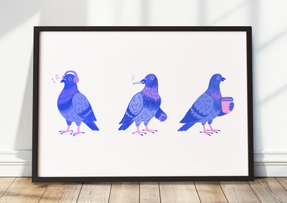 Poster mit drei urbanen Tauben gerahmt in modernem Raum