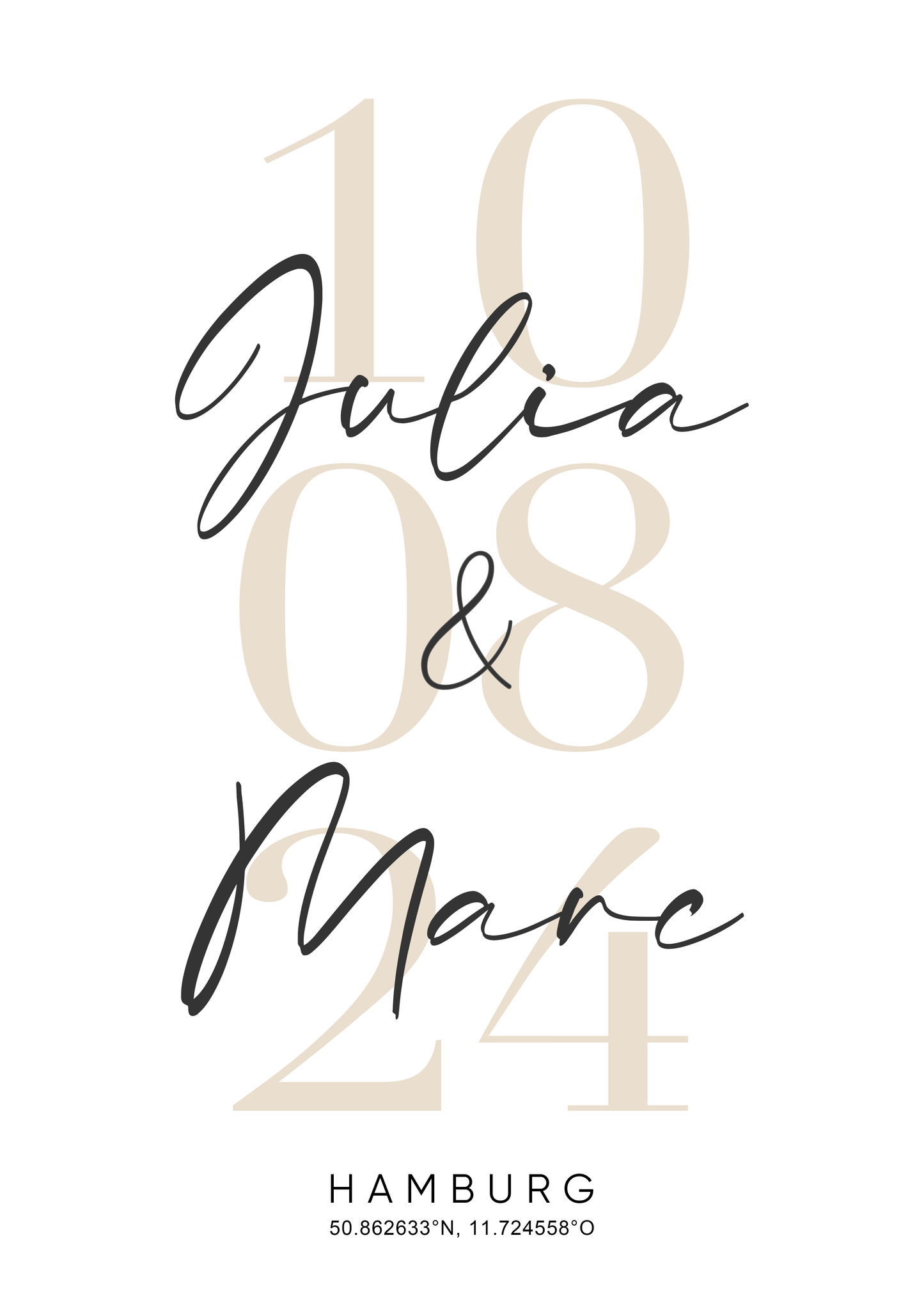 Hochzeits- / Paarbild mit Namen, Datum & Stadt - Personalisiert