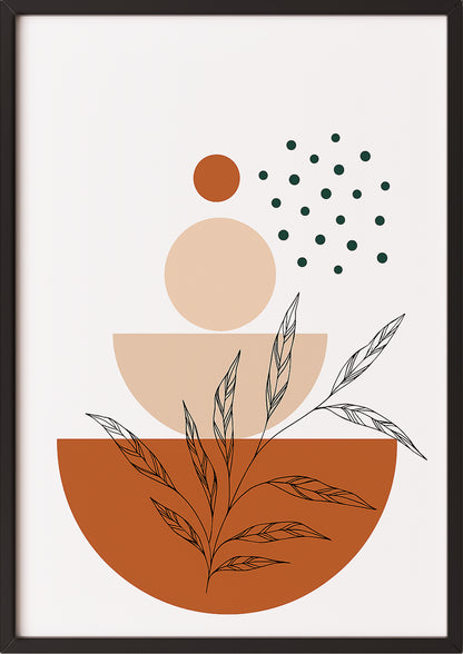 Boho Poster mit Kreisen & feinen Blättern in schwarzem Rahmen – abstrakte Natur Wanddeko