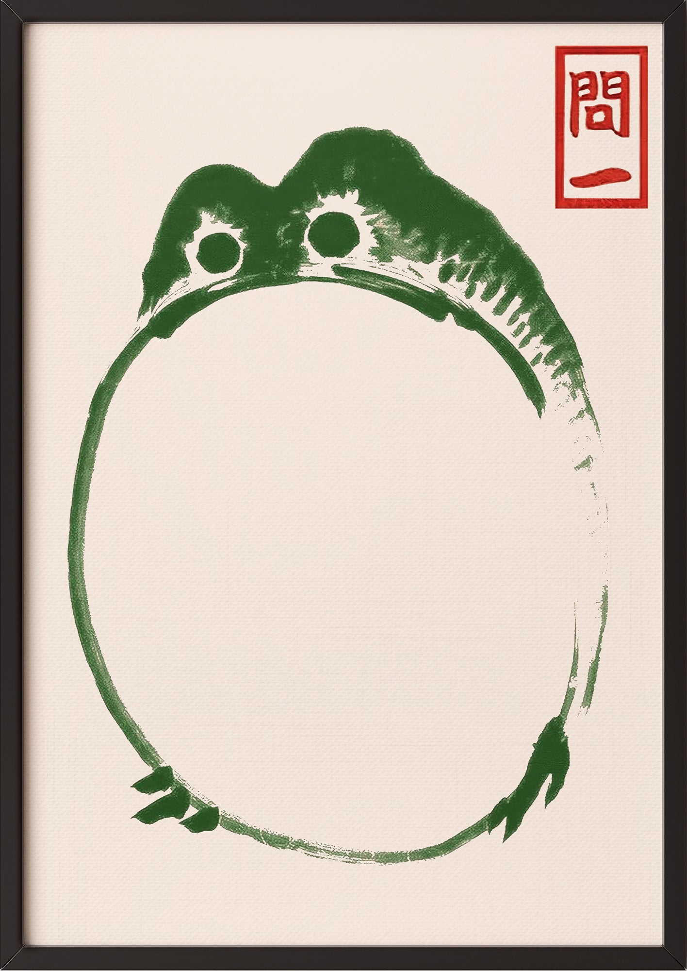 Runde Zen Hoji Frog Illustration von Matsumoto Hoji gerahmt in schwarzem Rahmen