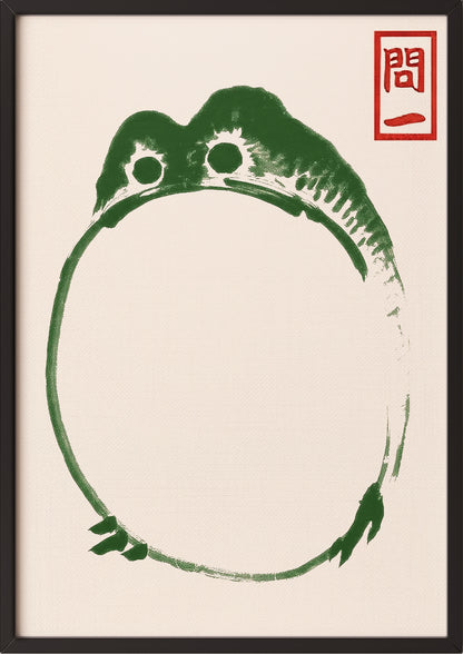 Runde Zen Hoji Frog Illustration von Matsumoto Hoji gerahmt in schwarzem Rahmen