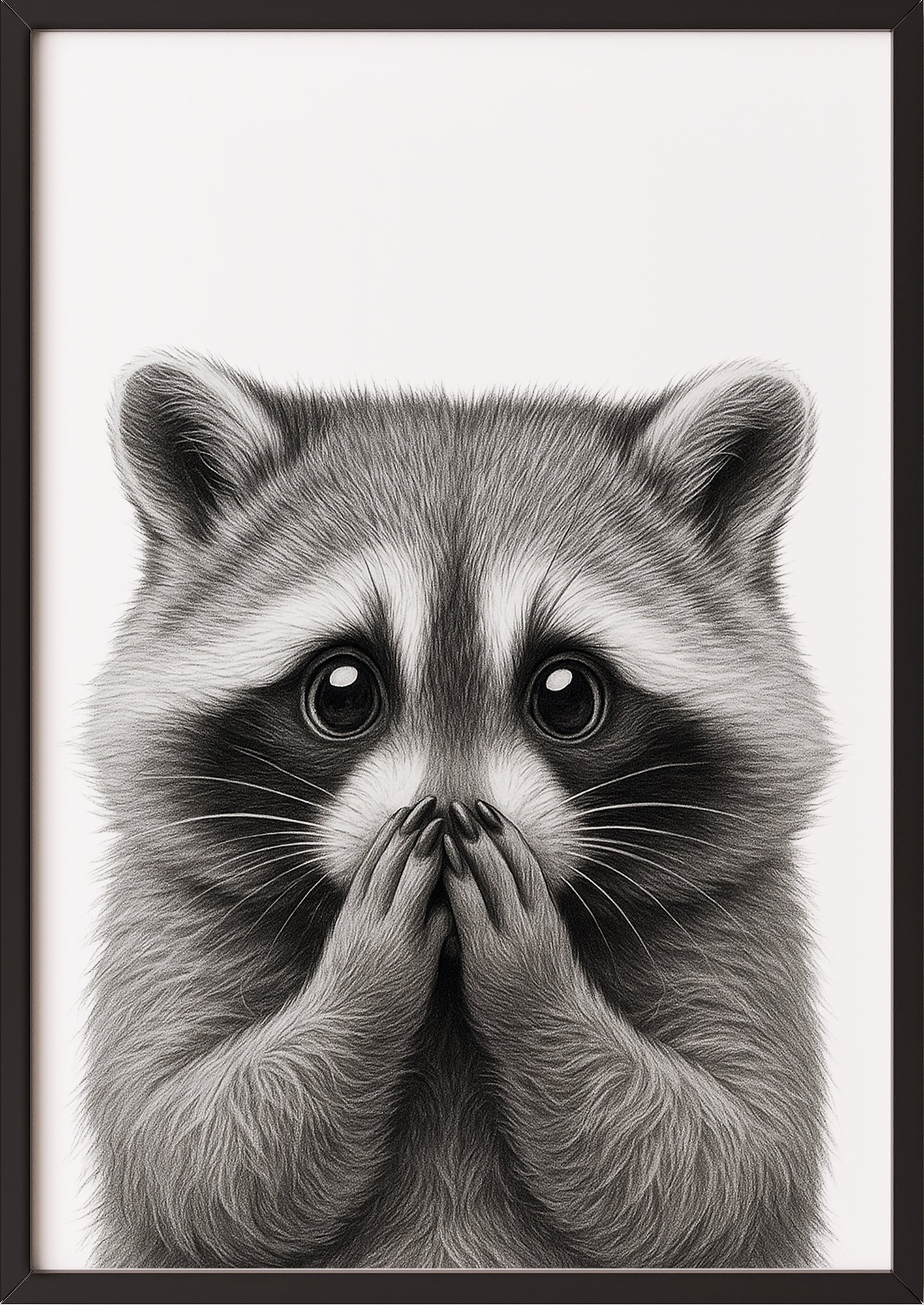 Waschbär Poster mit Händen vor dem Mund in schwarzem Rahmen, moderne Tierillustration an der Wand