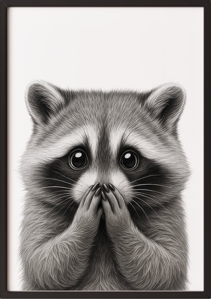 Waschbär Poster mit Händen vor dem Mund in schwarzem Rahmen, moderne Tierillustration an der Wand
