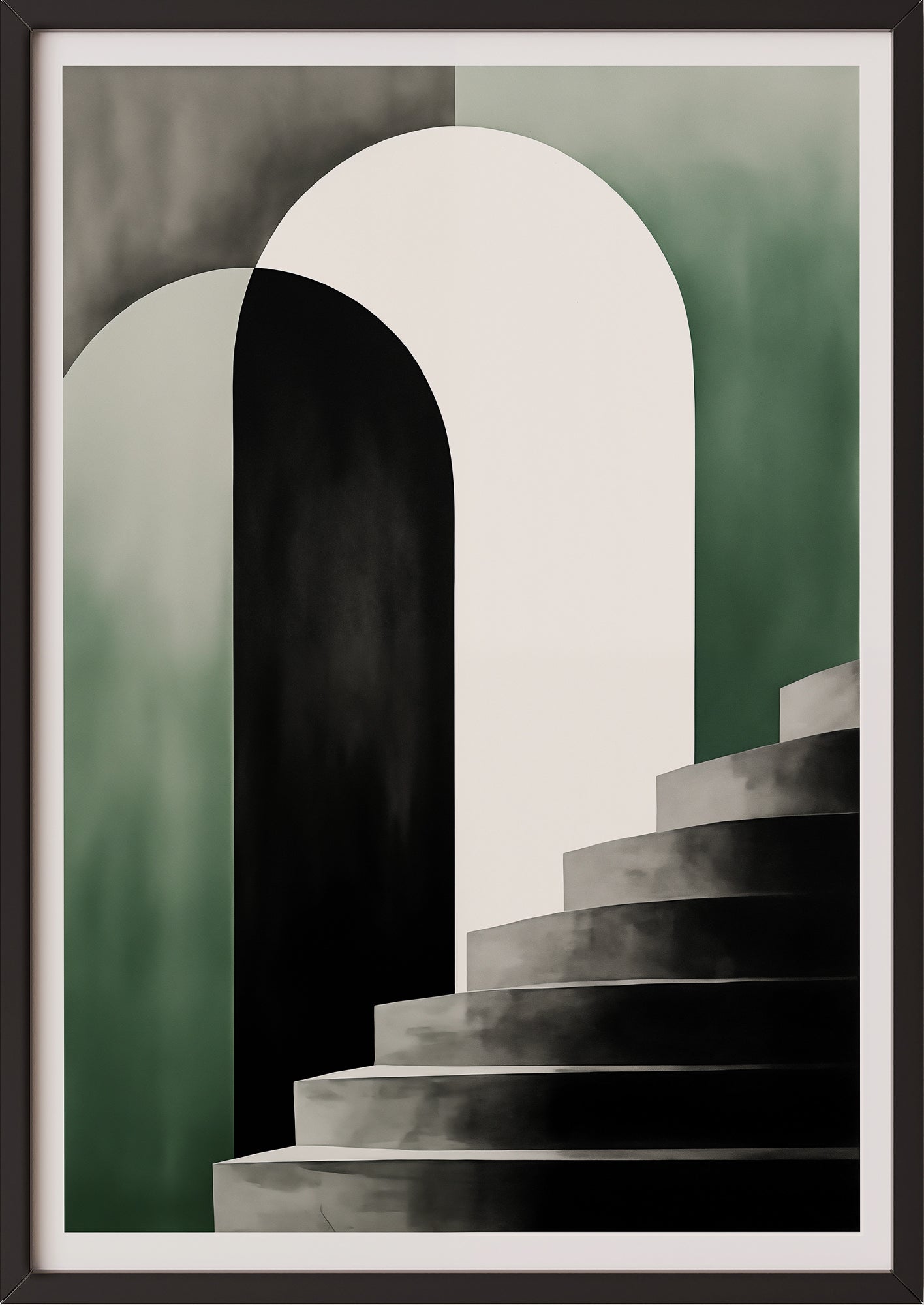 Hochformatiges Poster „BAUHAUS - Stairway - Olive White“ mit schwarzem Rahmen.
