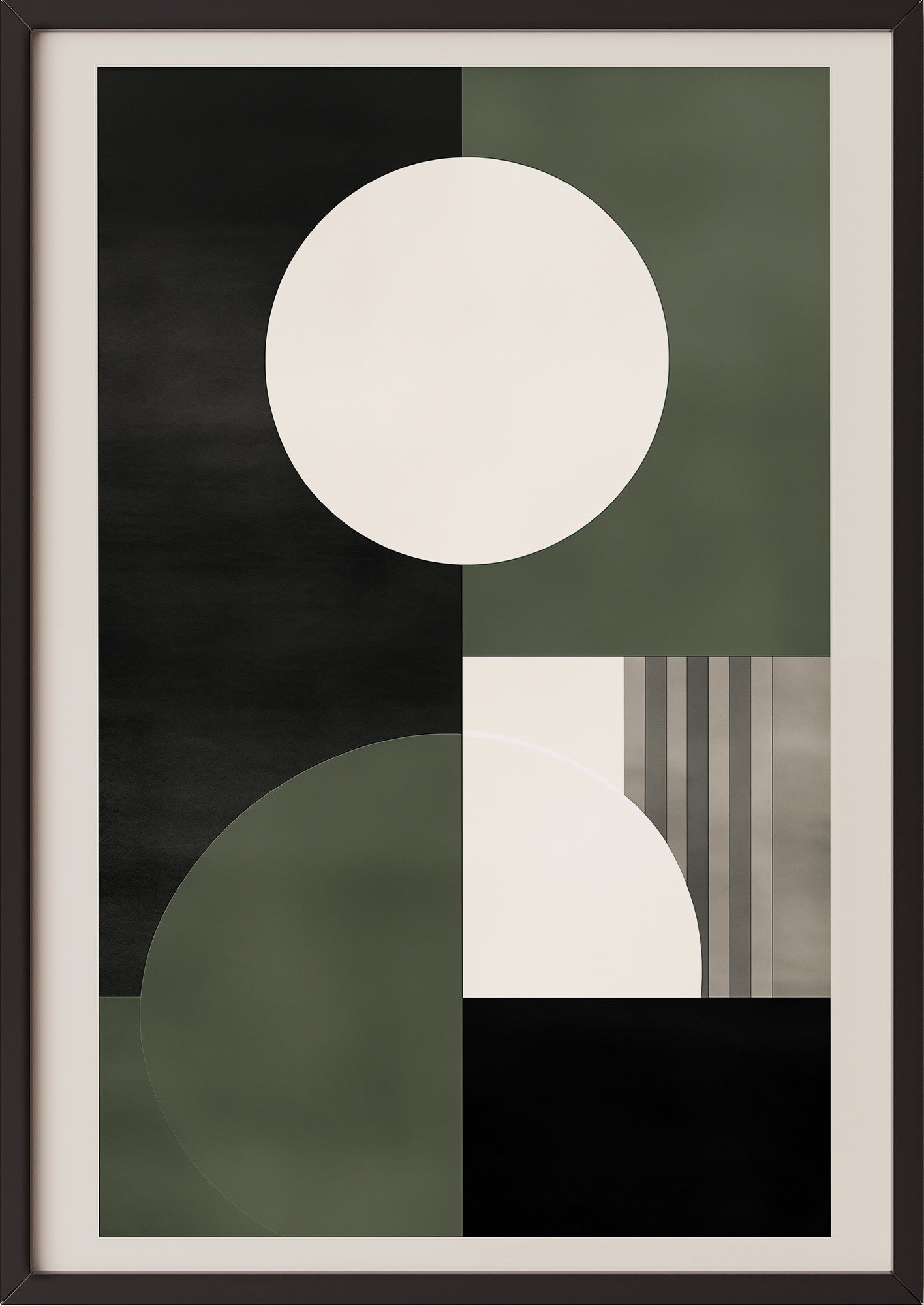Hochformatiges Poster „BAUHAUS - Circles - Olive White“ mit schwarzem Rahmen.