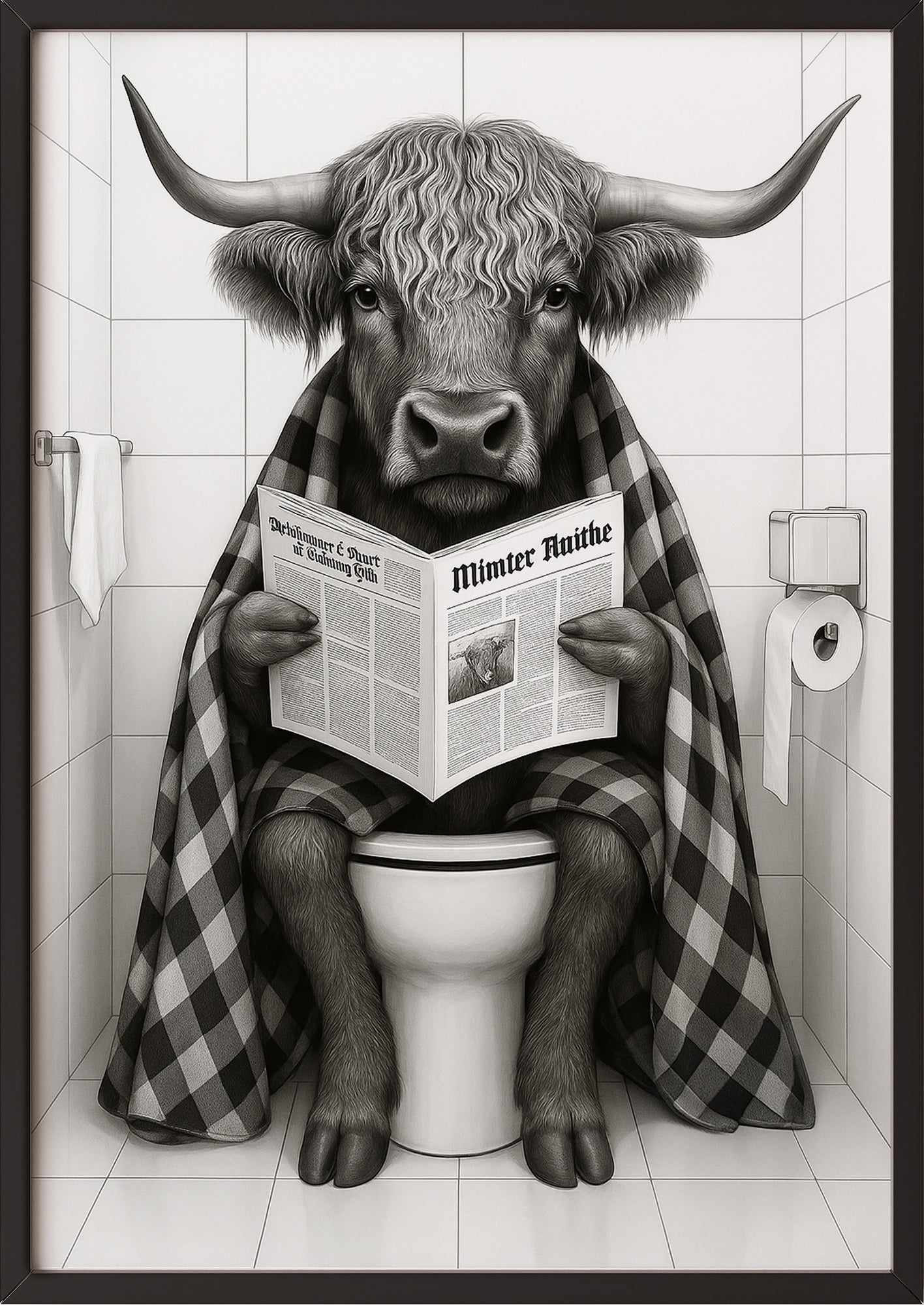 Bild Hochlandrind mit Karodecke gerahmt in schwarzem Rahmen