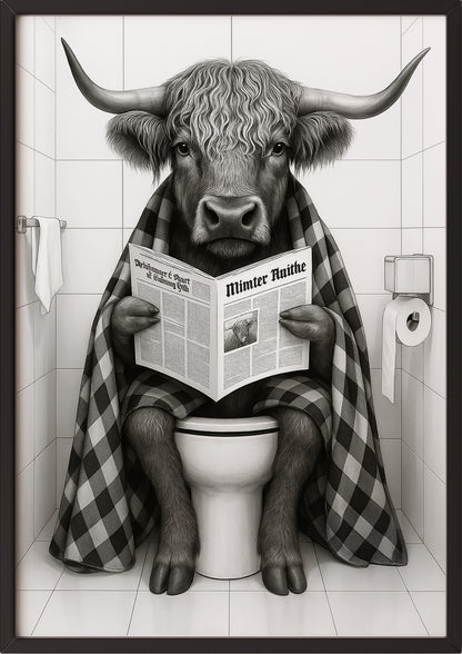 Bild Hochlandrind mit Karodecke gerahmt in schwarzem Rahmen