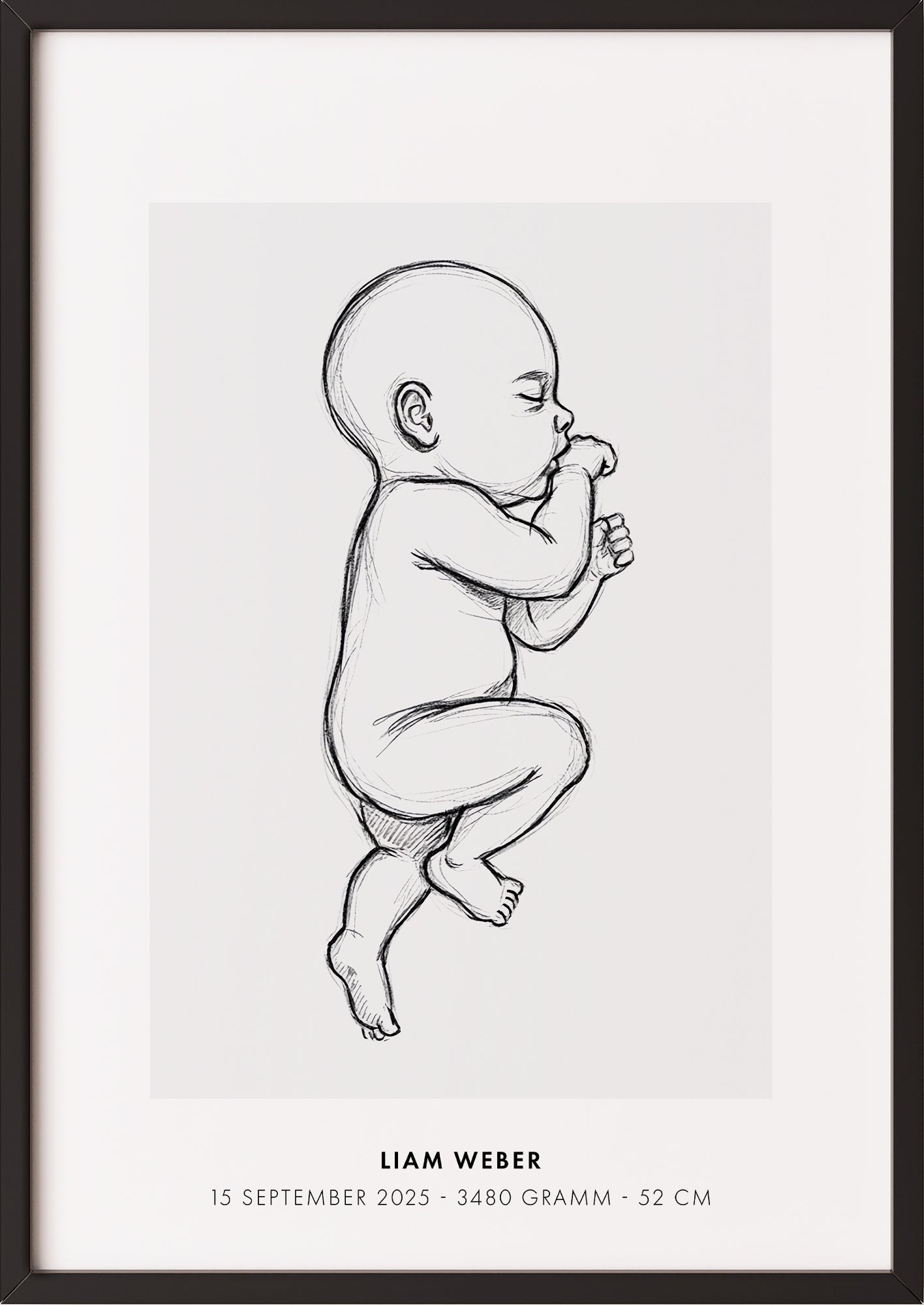 Poster Baby Sketch Geburtsposter im schwarzen Rahmen