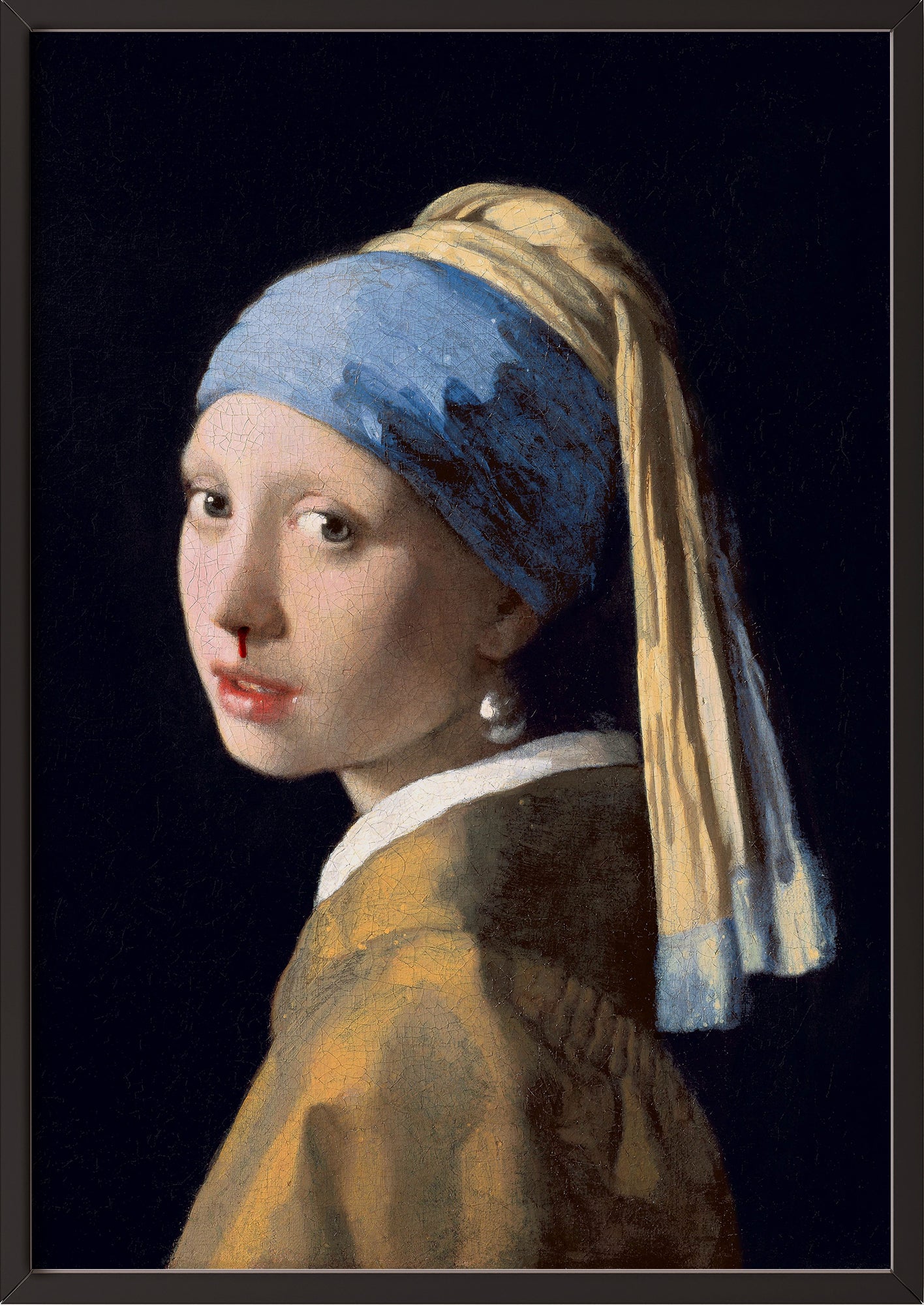 klassische malerei von vermeers mädchen mit dem perlenohrring witzig verändert durch ein nasenbluten detail im schwarzen rahmen