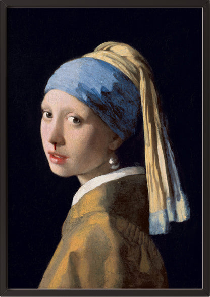 klassische malerei von vermeers mädchen mit dem perlenohrring witzig verändert durch ein nasenbluten detail im schwarzen rahmen