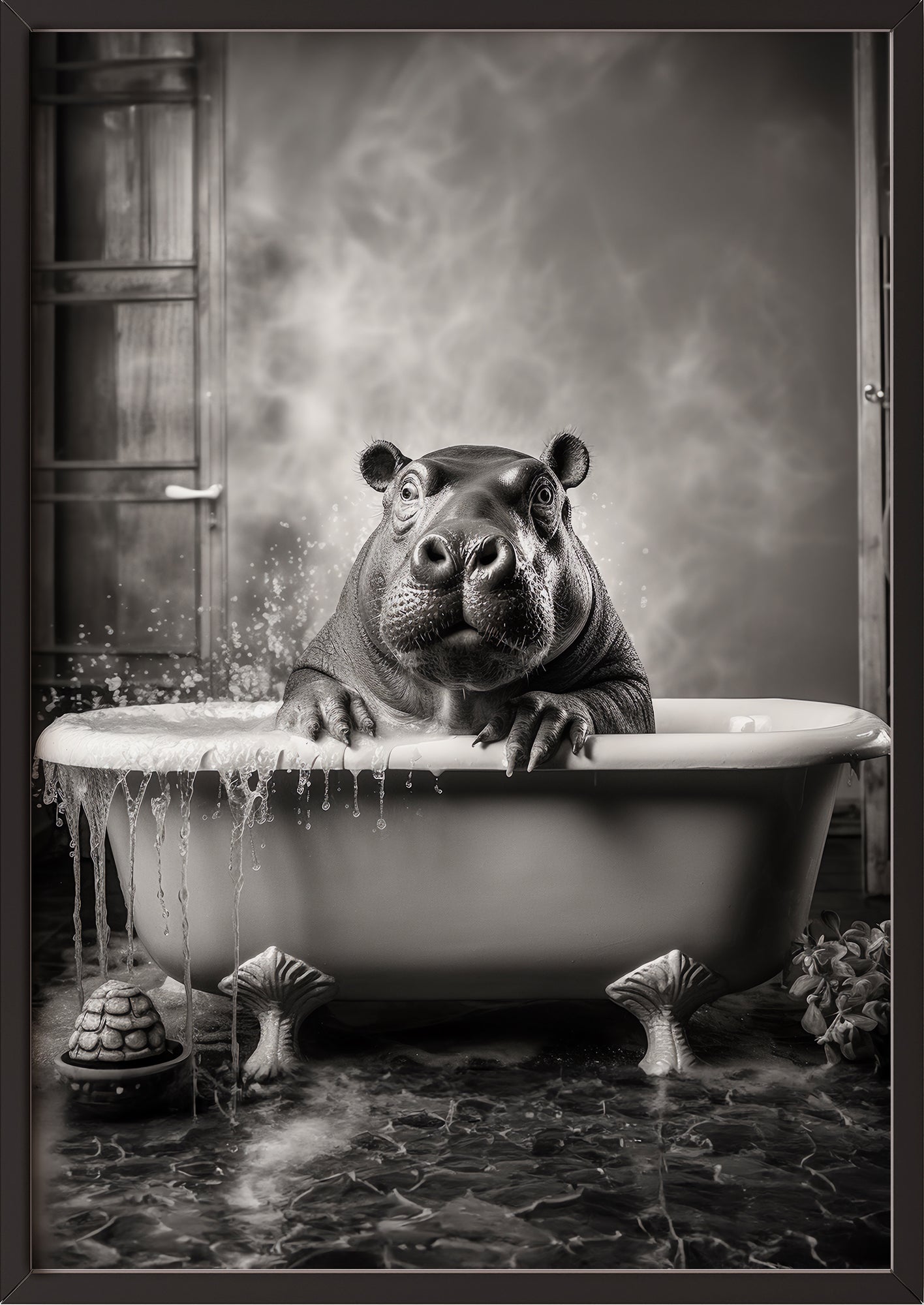 löwenposter in einem eleganten schwarzen rahmen zeigt das tier mit nasser mähne in einer badewanne und schafft einen starken kontrast