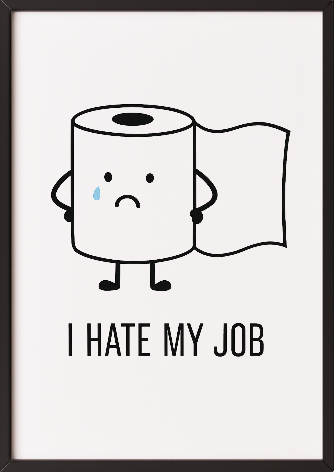 Das Bild einer traurigen Klopapierrolle mit schwarzem Rahmen an einer hellen Wand