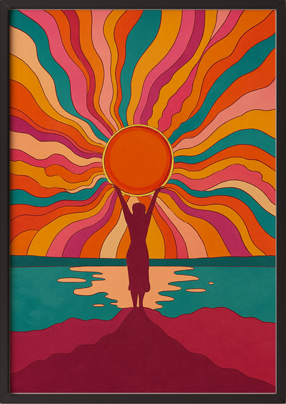 Hippie color sunset Bild im schwarzen Rahmen an der Wand dekoriert