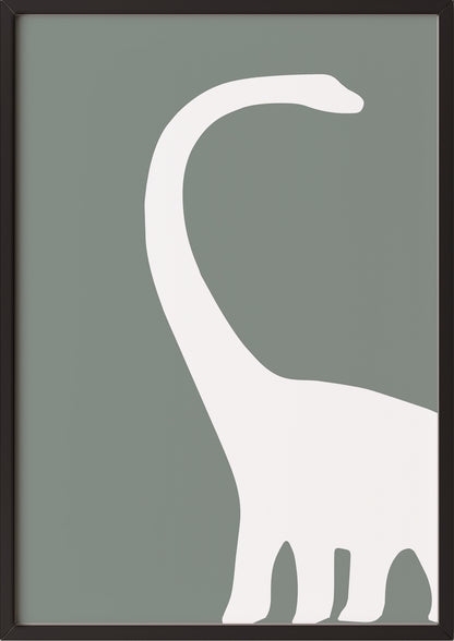 das wandbild mit dem weißen brachiosaurus auf graugrünem grund ist in einem schwarzen rahmen gefasst und wirkt stilvoll modern