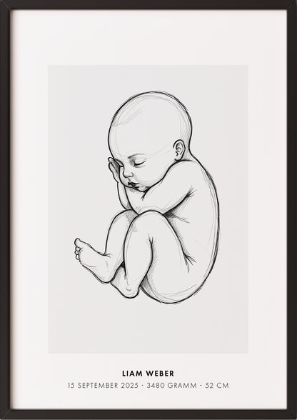 Poster Baby Sketch Geburtsposter 2 im schwarzen Rahmen