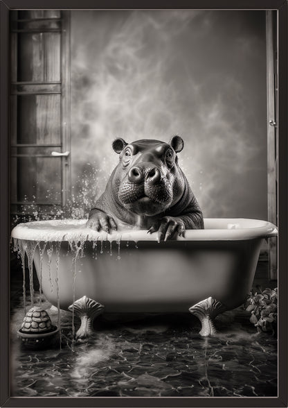 lustiges Nilpferd Poster in Badewanne im schwarzen Rahmen an der Wand