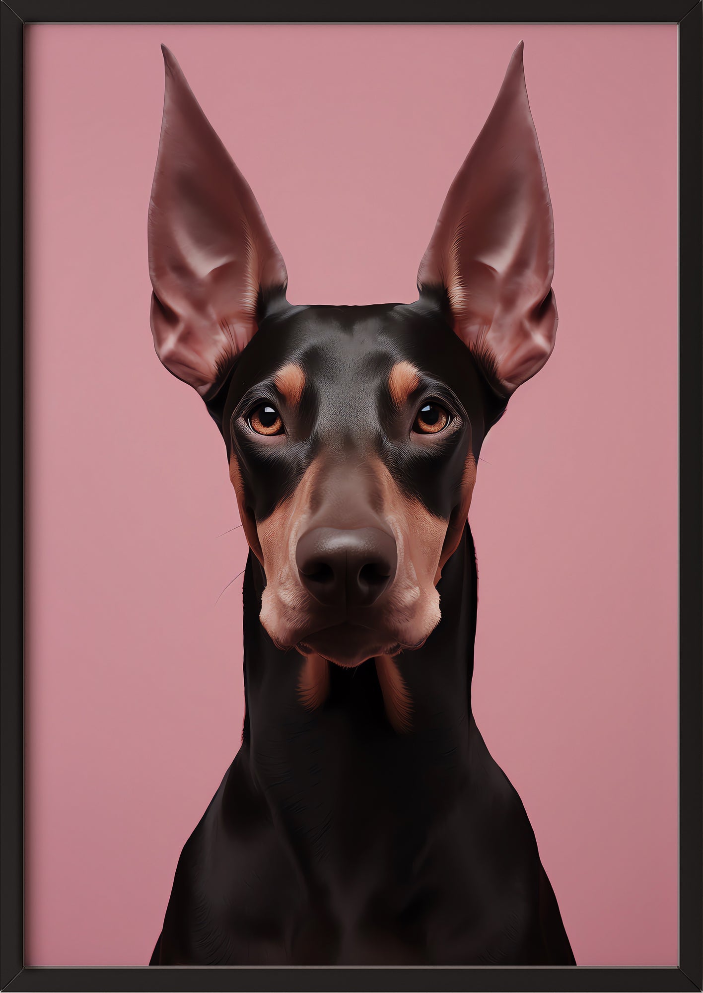 das hundeporträt in einem schwarzen rahmen vor rosa wand setzt einen starken modernen akzent im wohnbereich