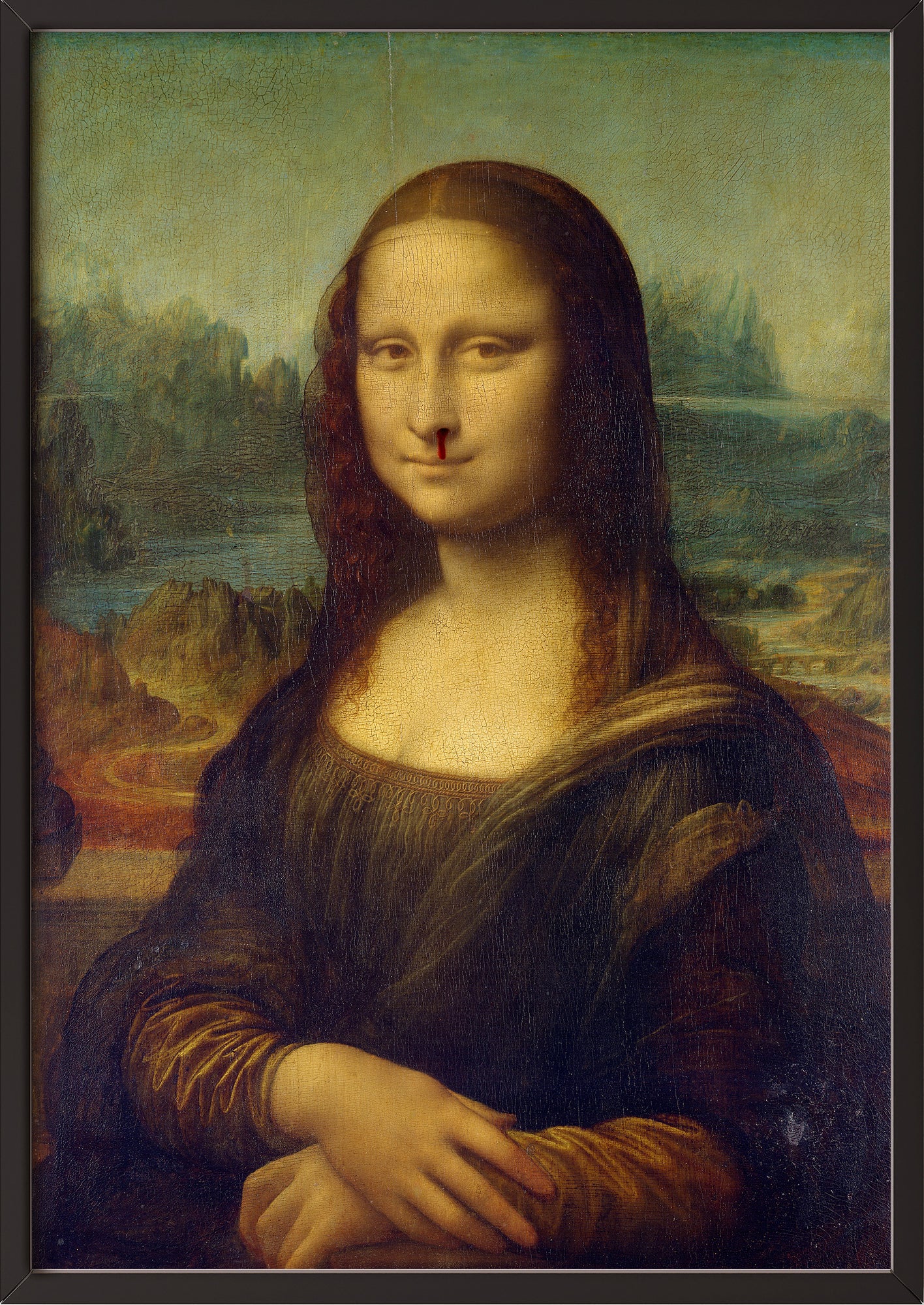 klassische darstellung der mona lisa mit dezentem nasenbluten in einem schwarzen rahmen sorgt für einen originellen akzent