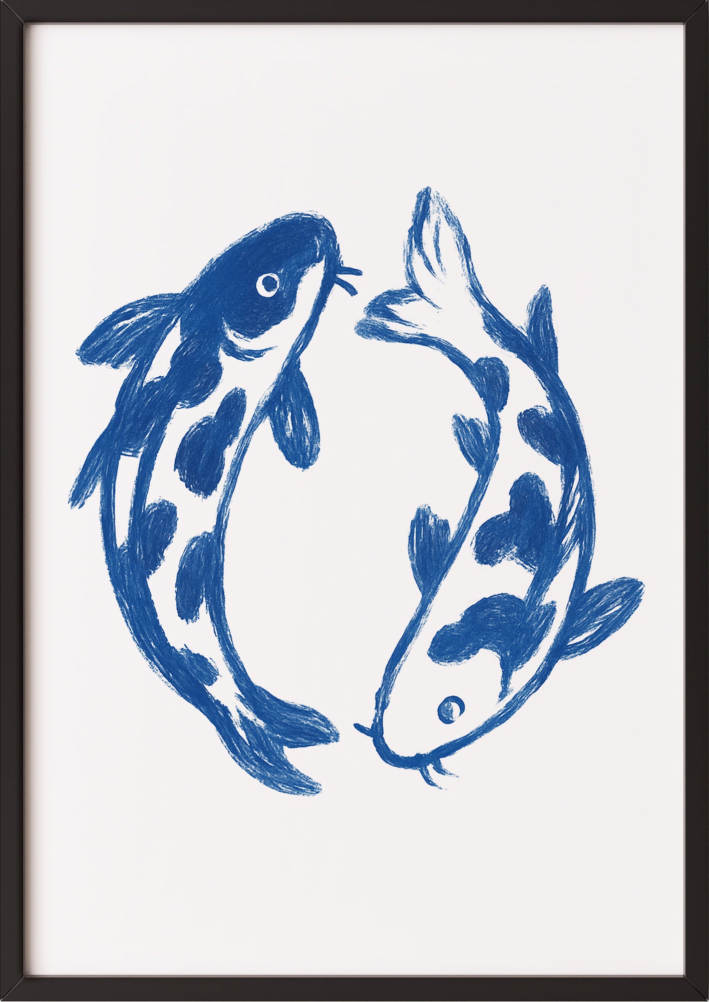 Koi Fisch Line Art Kunstdruck in Blau mit schwarzem Rahmen – modernes Wohnzimmer Poster

