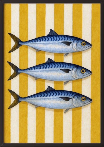 Sardinen Poster im schwarzen Rahmen an einer hellen Wand