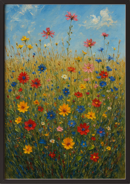 Bunte Blumenwiesen Ölmalerei im schwarzen Rahmen – stilvolles Naturposter fürs Wohnzimmer