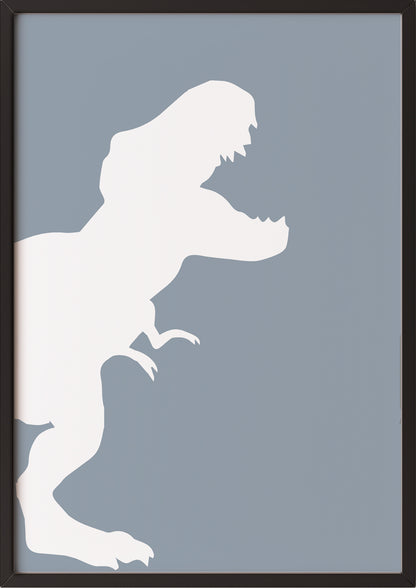 das poster mit dem weißen t-rex motiv auf blauem grund ist in einem schwarzen rahmen präsentiert und bringt grafische klarheit an die wand