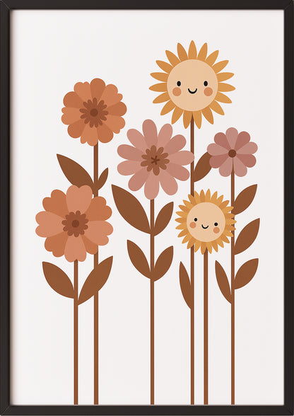 Kinderbild mit fröhlicher Blumenwiese im Rahmen, an Wand gelehnt