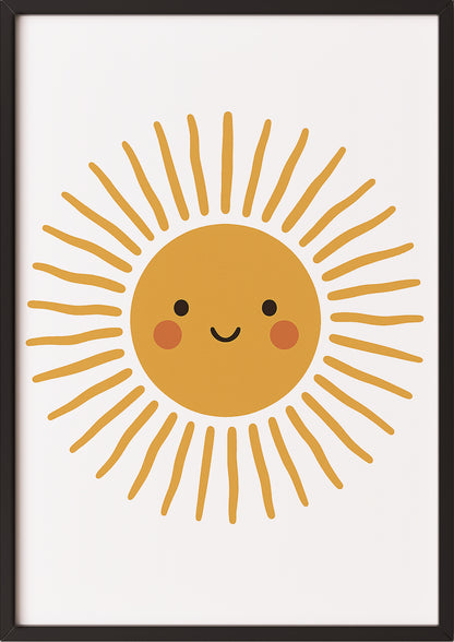Gerahmtes Kinderposter mit lächelnder Sonne, an Wand gelehnt