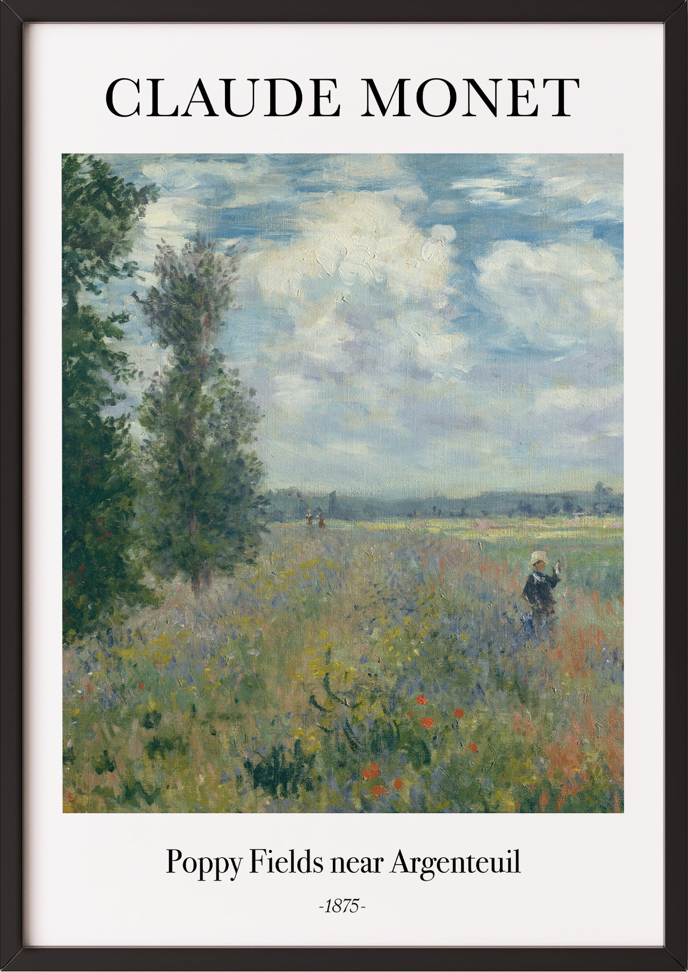 Frau hängt Poppy Fields near Argenteuil von Claude Monet als Poster in schwarzem Rahmen an die Wand