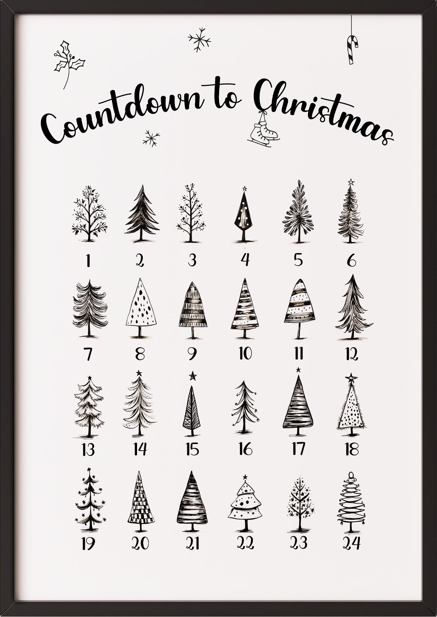 Adventskalender-Poster „Countdown to Christmas“ im schwarzen Holzrahmen