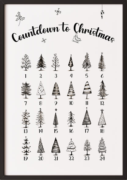 Adventskalender-Poster „Countdown to Christmas“ im schwarzen Holzrahmen