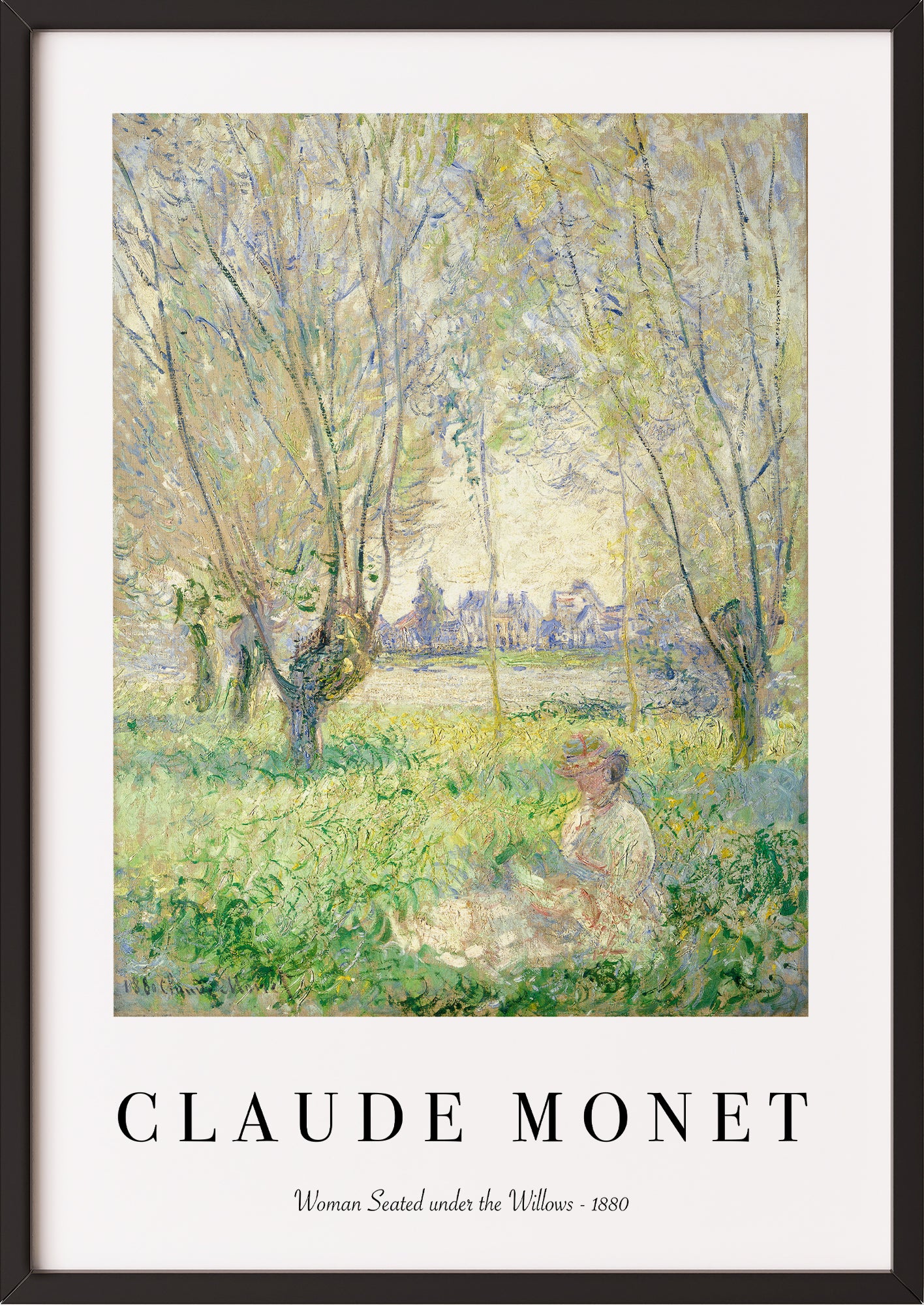 Frau hängt Woman Seated under the Willows von Claude Monet als Poster in schwarzem Rahmen an die Wand