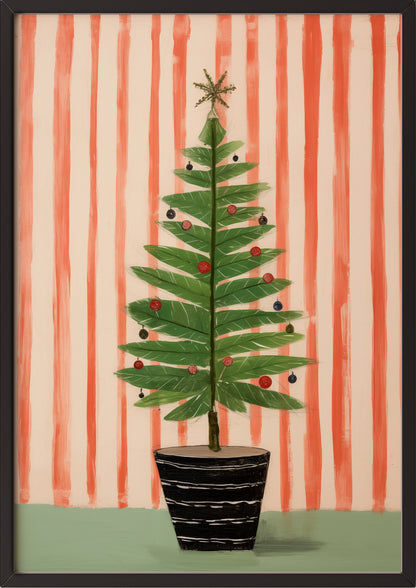 Weihnachts-Poster mit grünem Baum vor roten Streifen im schwarzen Holzrahmen
