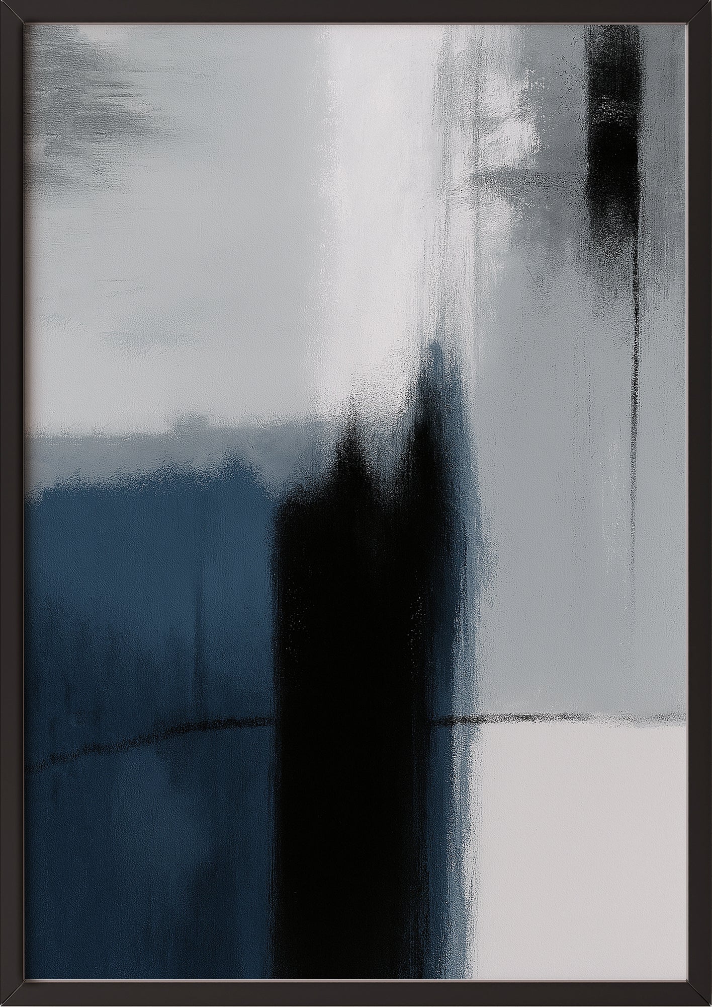 Gerahmter Kunstdruck mit hellem Hintergrund und blauer Struktur an Wand gelehnt