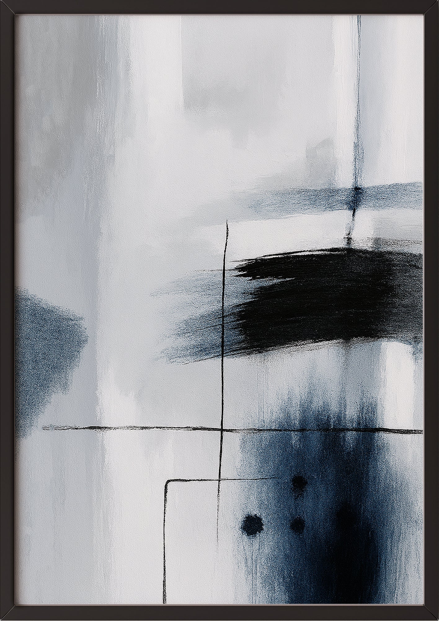 Gerahmtes Poster mit dynamischer Komposition aus Linien und Farbflächen