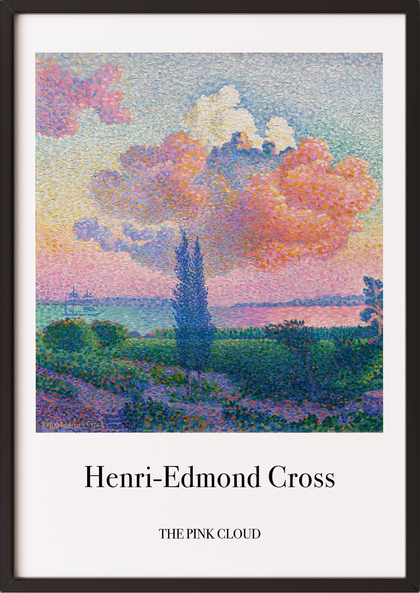 Frau hängt The Pink Cloud von Henri Edmond Cross als Poster in schwarzem Rahmen an die Wand