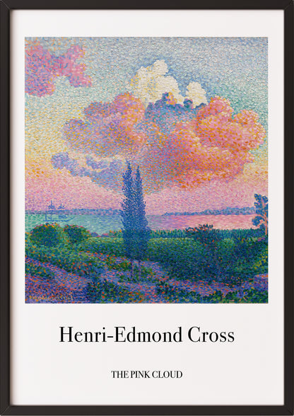 Frau hängt The Pink Cloud von Henri Edmond Cross als Poster in schwarzem Rahmen an die Wand