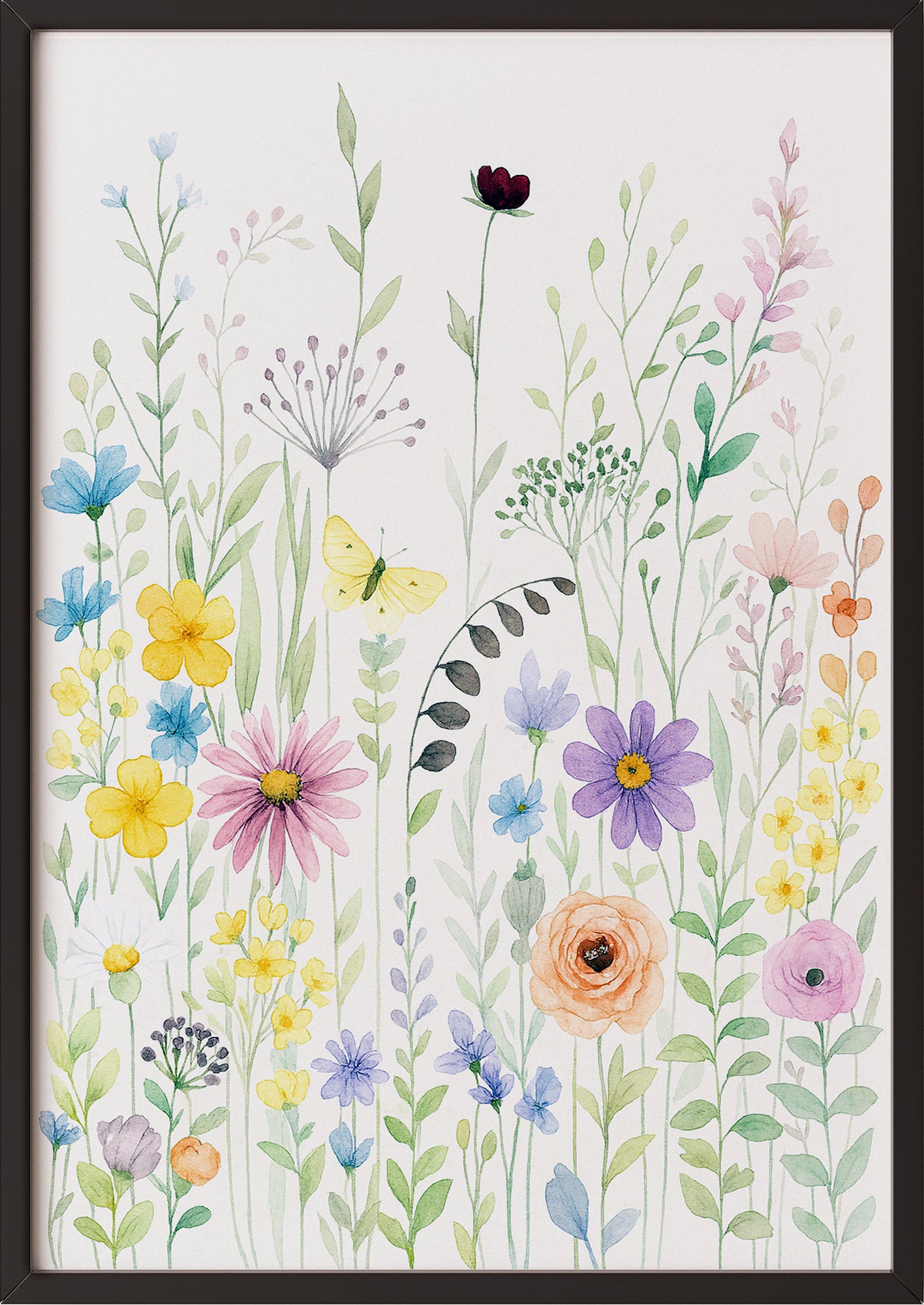 Gerahmtes Wiesenposter mit floraler Vielfalt, an Wand gelehnt