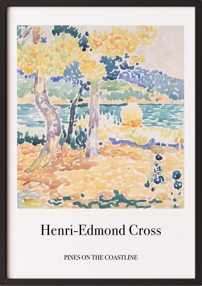 Frau hängt Pines on the Coastline von Henri Edmond Cross als Poster in schwarzem Rahmen an die Wand