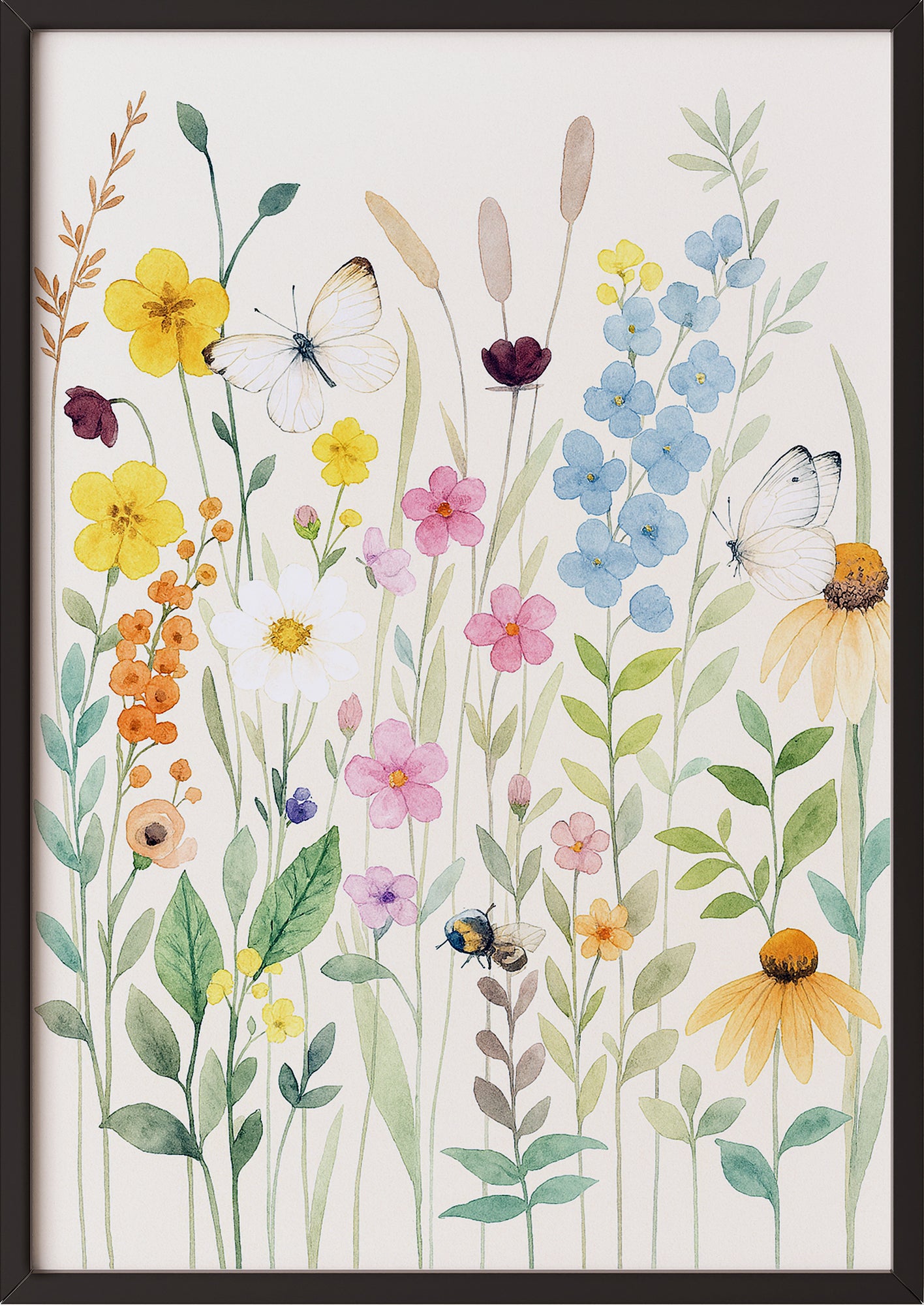 Gerahmtes Aquarellposter mit zarten Wiesenblumen, an Wand gelehnt