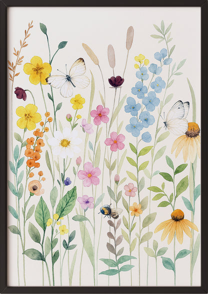 Gerahmtes Aquarellposter mit zarten Wiesenblumen, an Wand gelehnt